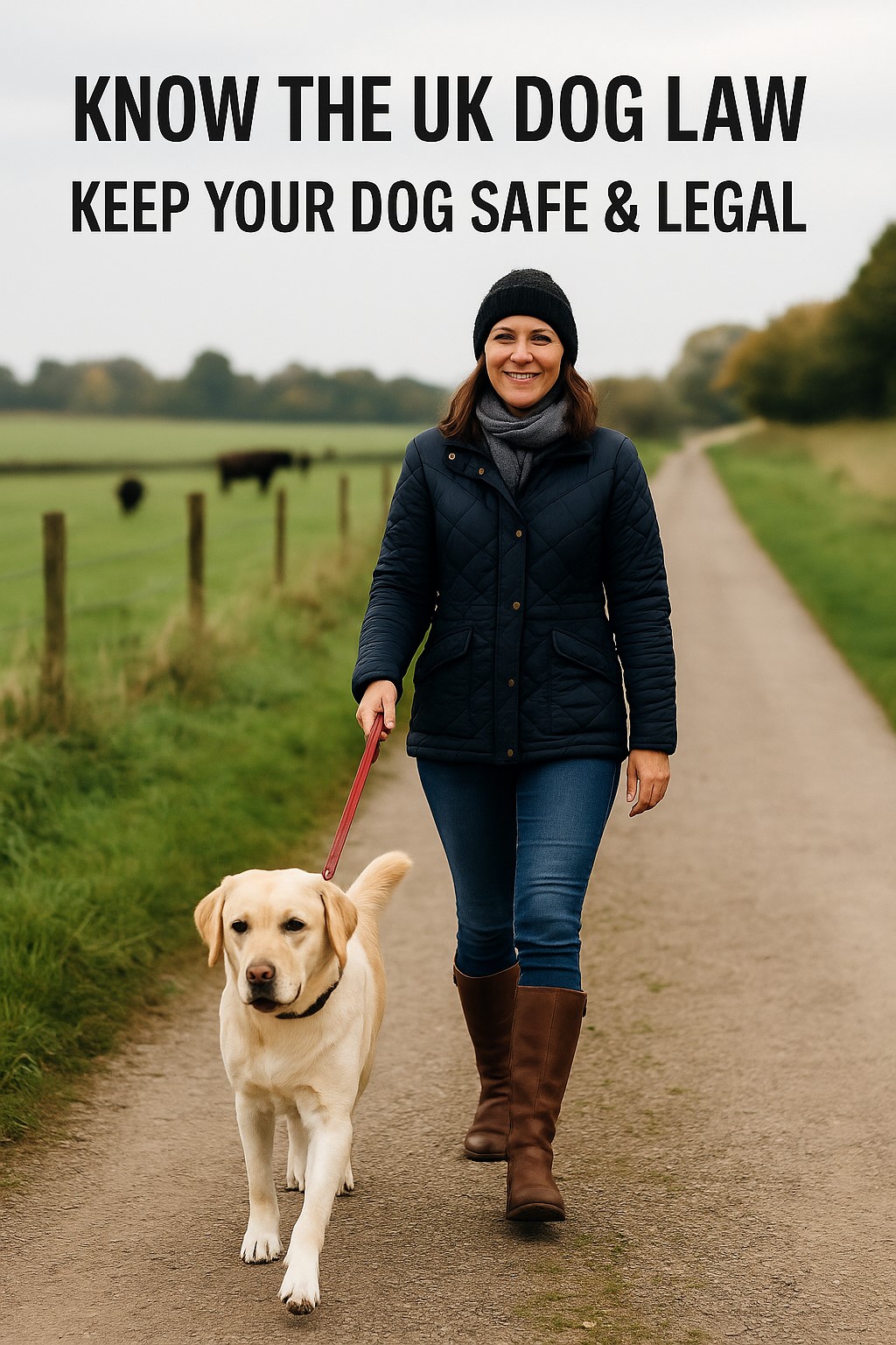 Responsible dog owner walking their dog on a lead in the countryside – compliant with UK dog law