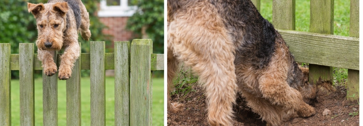 Escape artist dog jumping over a fence and digging under garden boundary