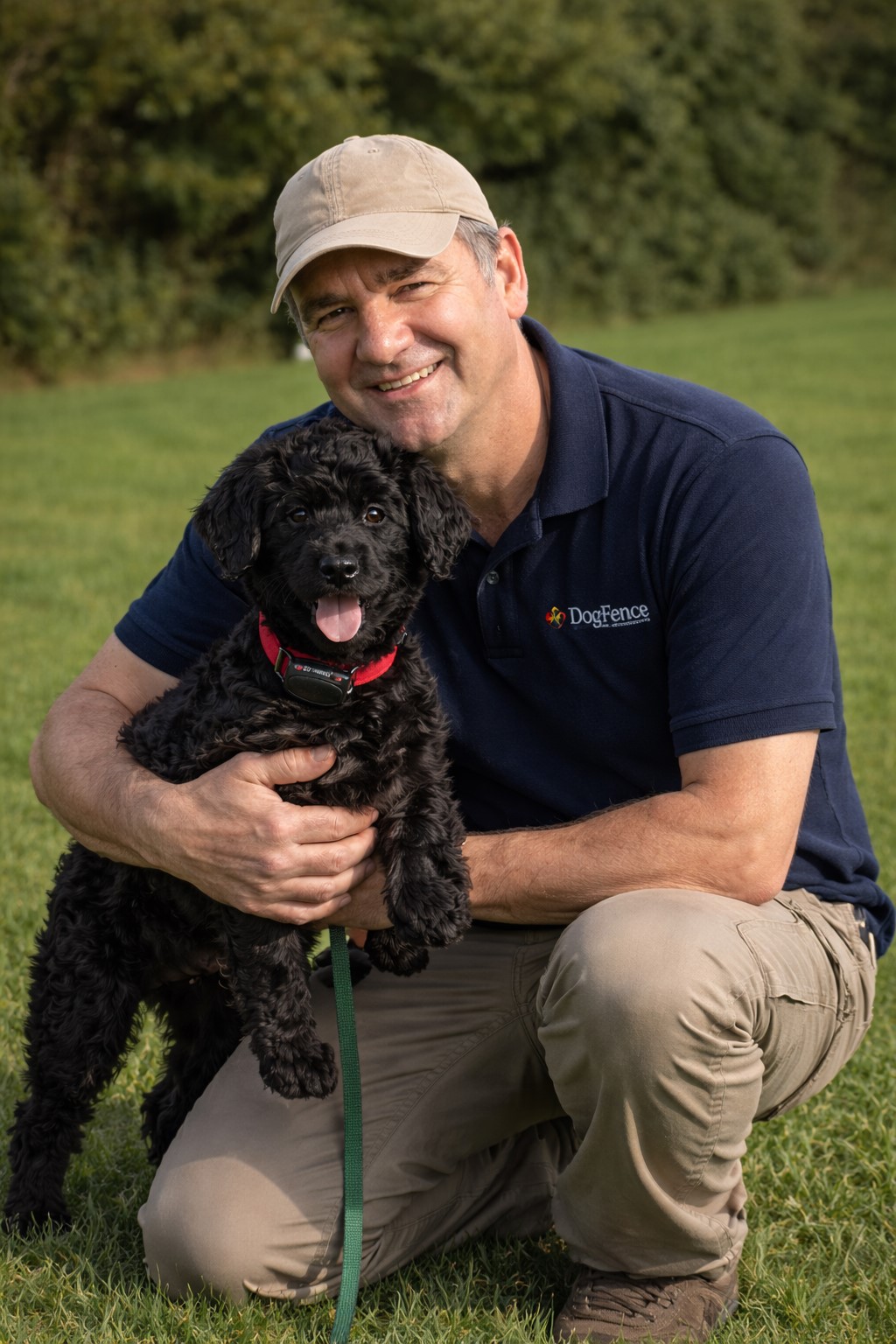 DogFence trainer holding a young puppy during early electronic fence training and collar acclimatisation in a garden