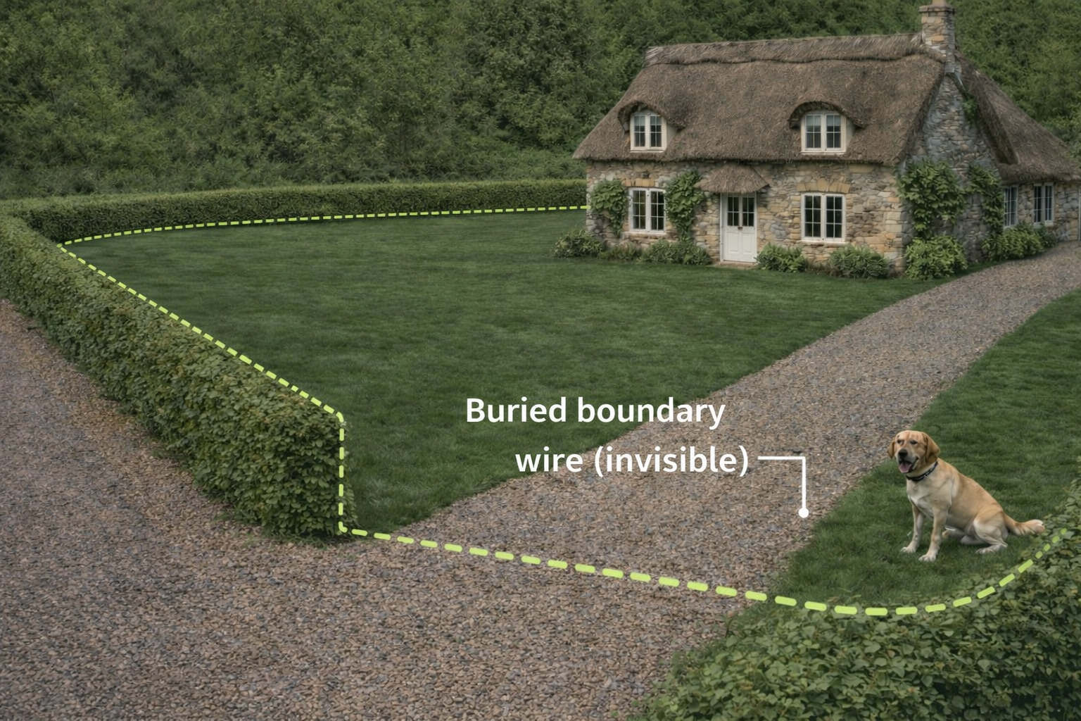 Buried boundary wire creating an invisible dog fence around a rural property