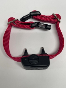 Dog fence collar with stainless steel contact posts showing the safe, comfortable fit for pets