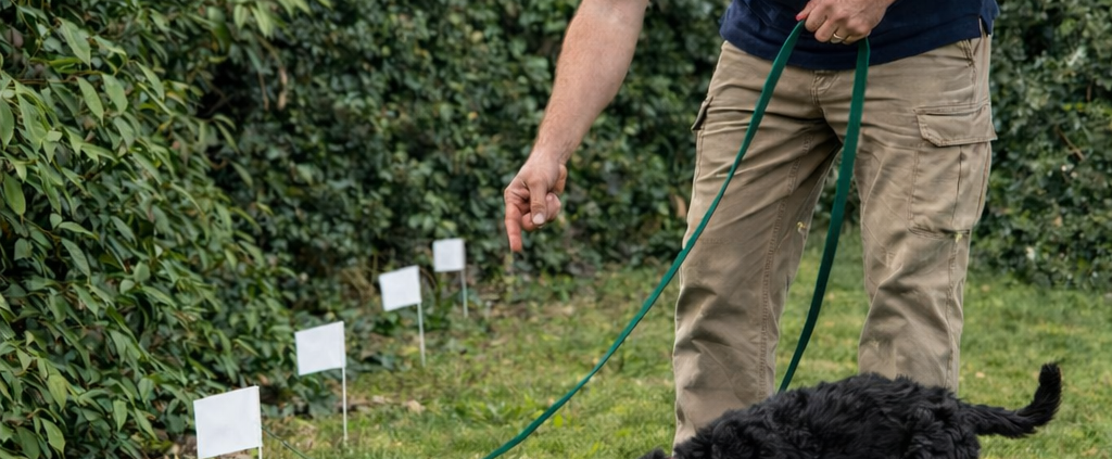 DogFence trainer guiding a young puppy on a lead during early boundary training with electronic fence flags placed along the hedge line