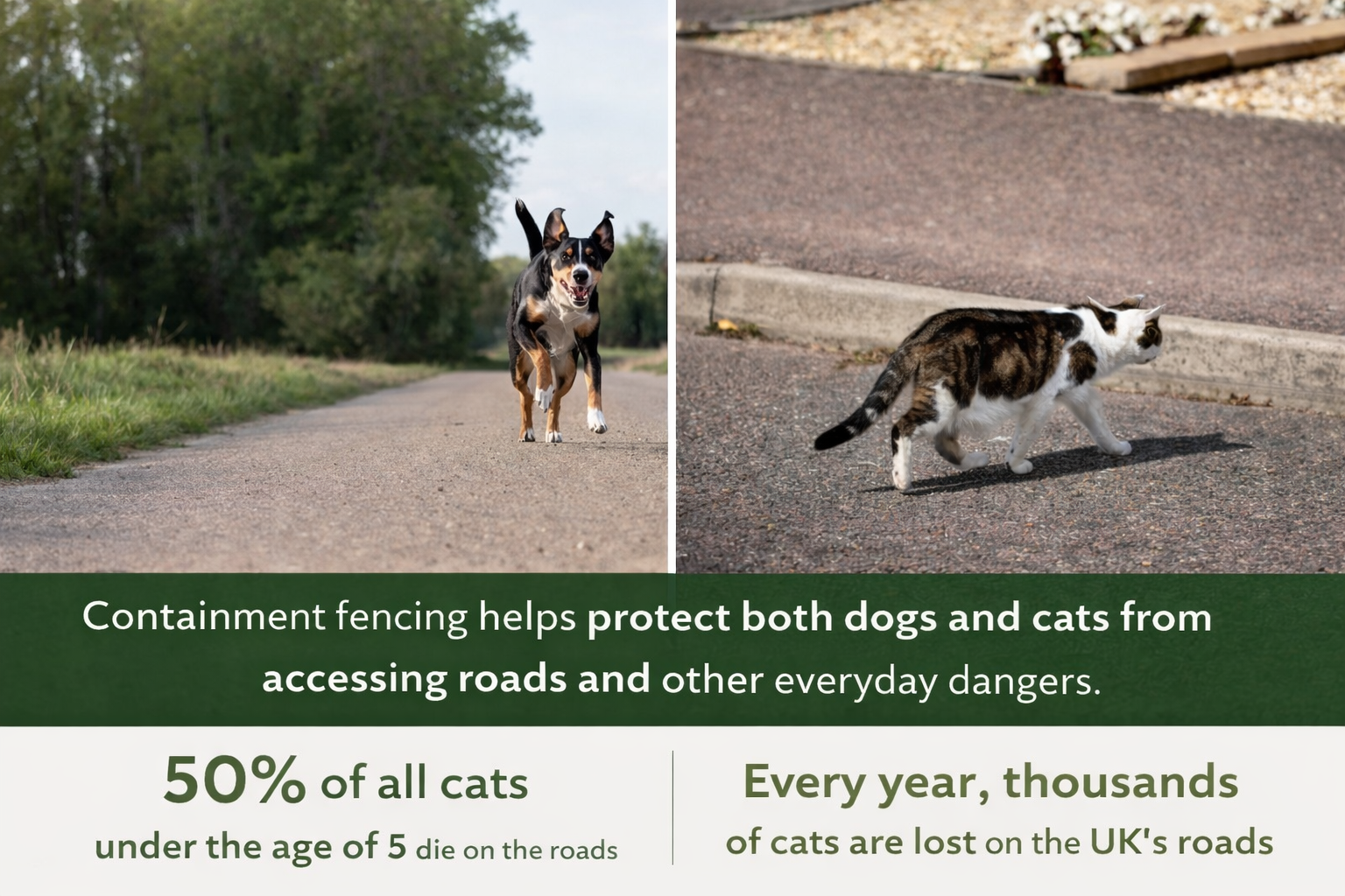 Dog and cat near roads highlighting the life-saving role of pet containment systems which was flagged as part of the 2018 electric collar ban consultation