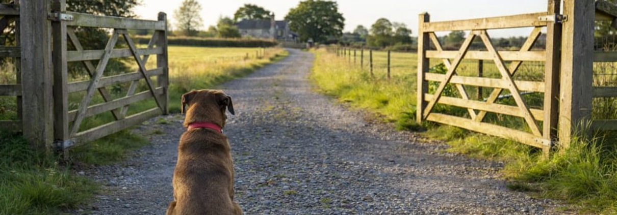 Post and rail fencing with five bar gate on a rural UK property showing typical gaps that require dog proof fencing for rural properties