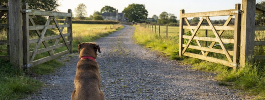 Post and rail fencing with five bar gate on a rural UK property showing typical gaps that require dog proof fencing for rural properties