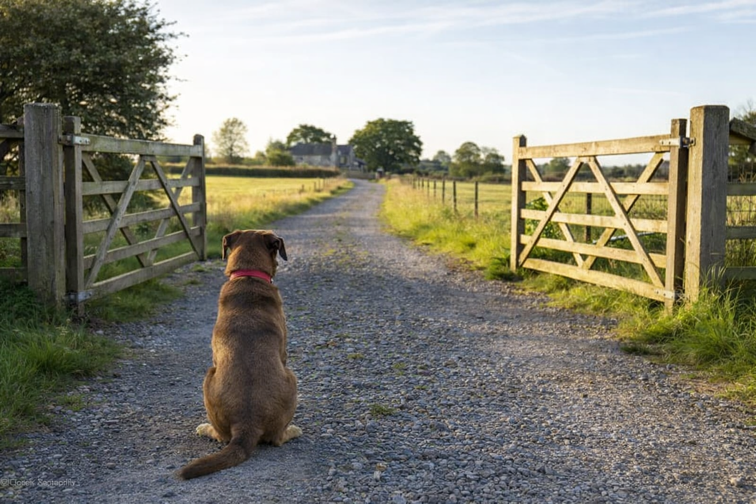Post and rail fencing with five bar gate on a rural UK property showing typical gaps that require dog proof fencing for rural properties