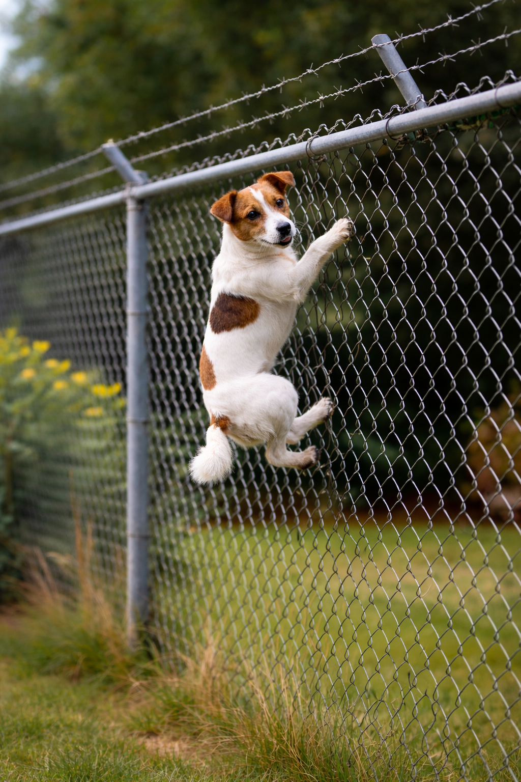 Jack Russell Terrier climbing a 6ft chain link fence with barbed wire extension demonstrating how a dog can jump or scale high fencing