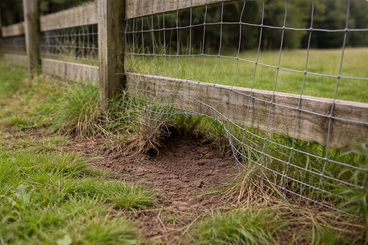 Damaged wire mesh fencing with gap at ground level on rural UK property caused by wildlife creating escape route for dogs