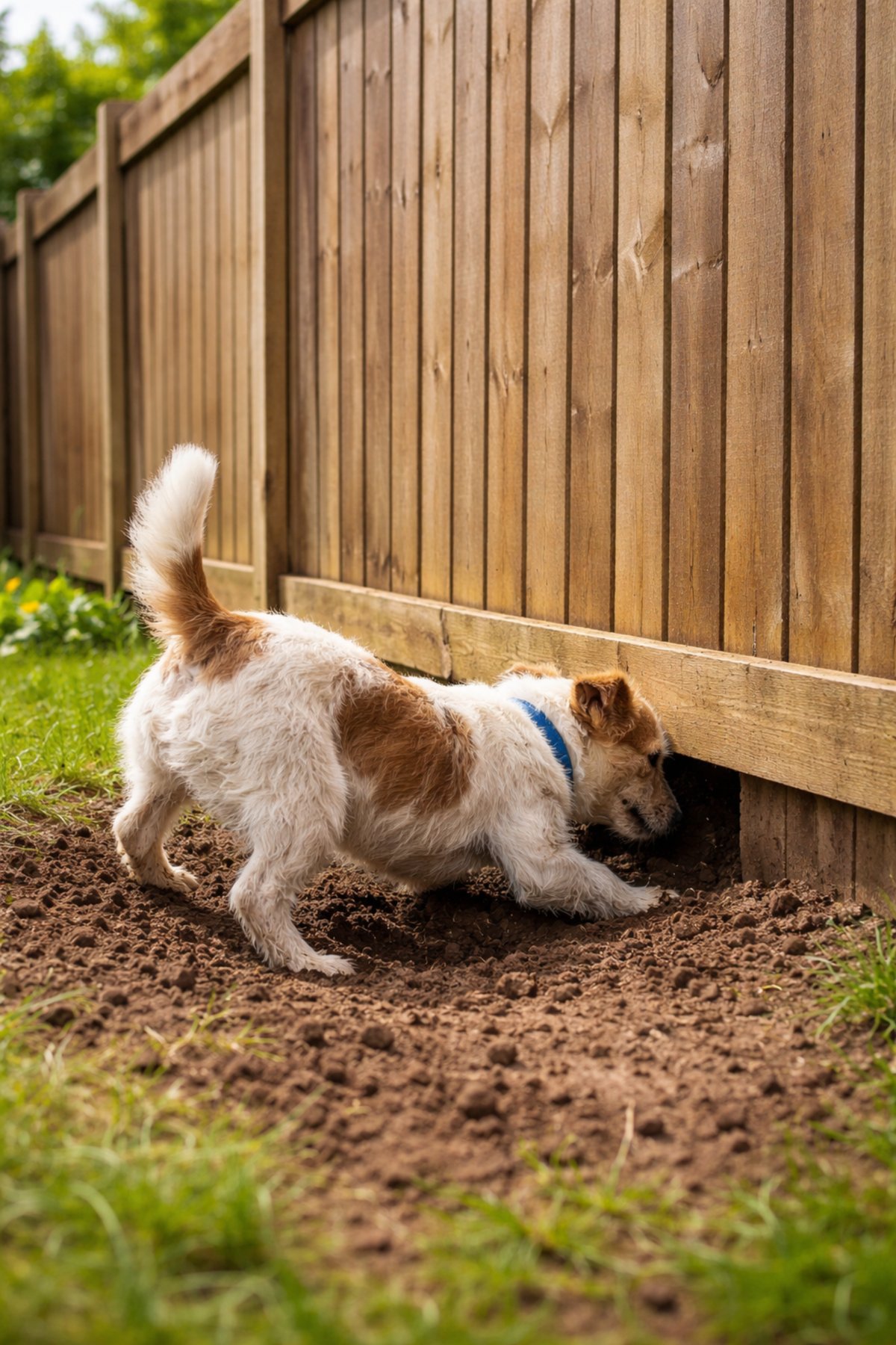 Escape artist dog digging under a wooden garden fence trying to escape