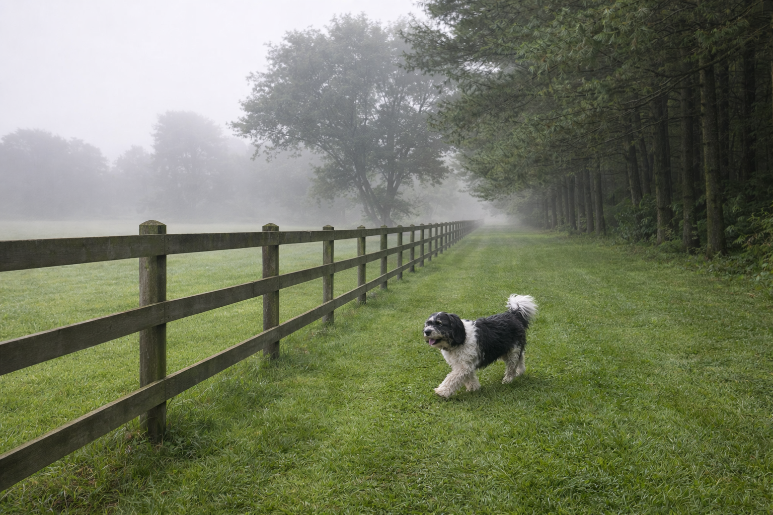 Tibetan Terrier walking beside post and rail fencing on a misty rural UK property showing typical countryside boundary