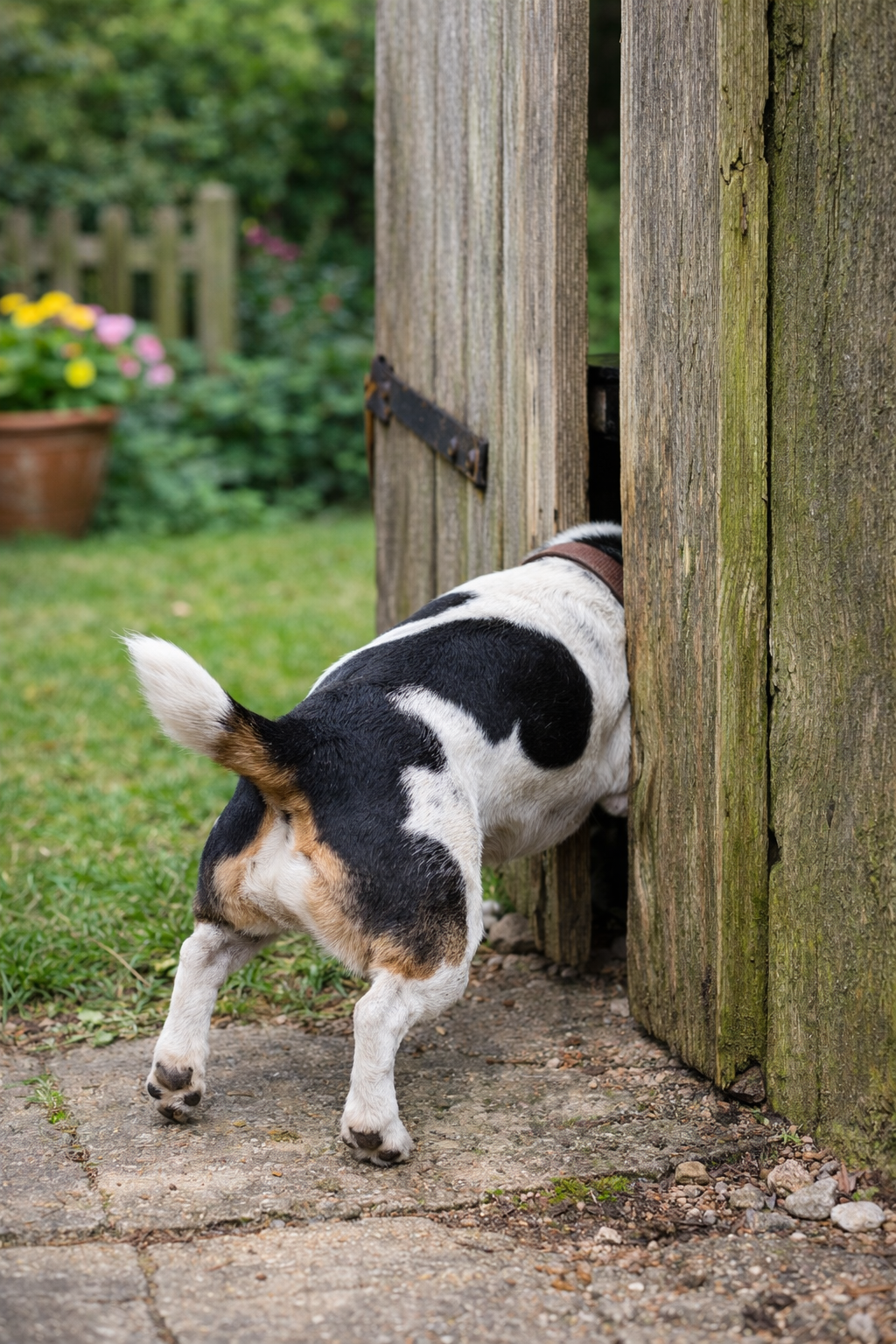 dog squeezing through gap in wooden garden gate