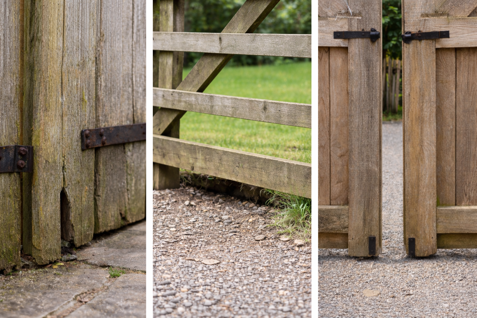 gap beneath five bar gate and wooden garden gate allowing dog escape