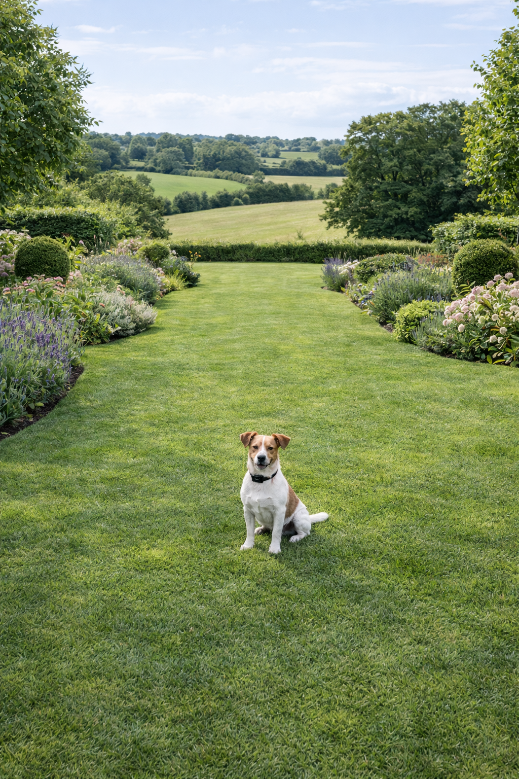 Dog sitting in a secure garden without ugly fencing overlooking open countryside