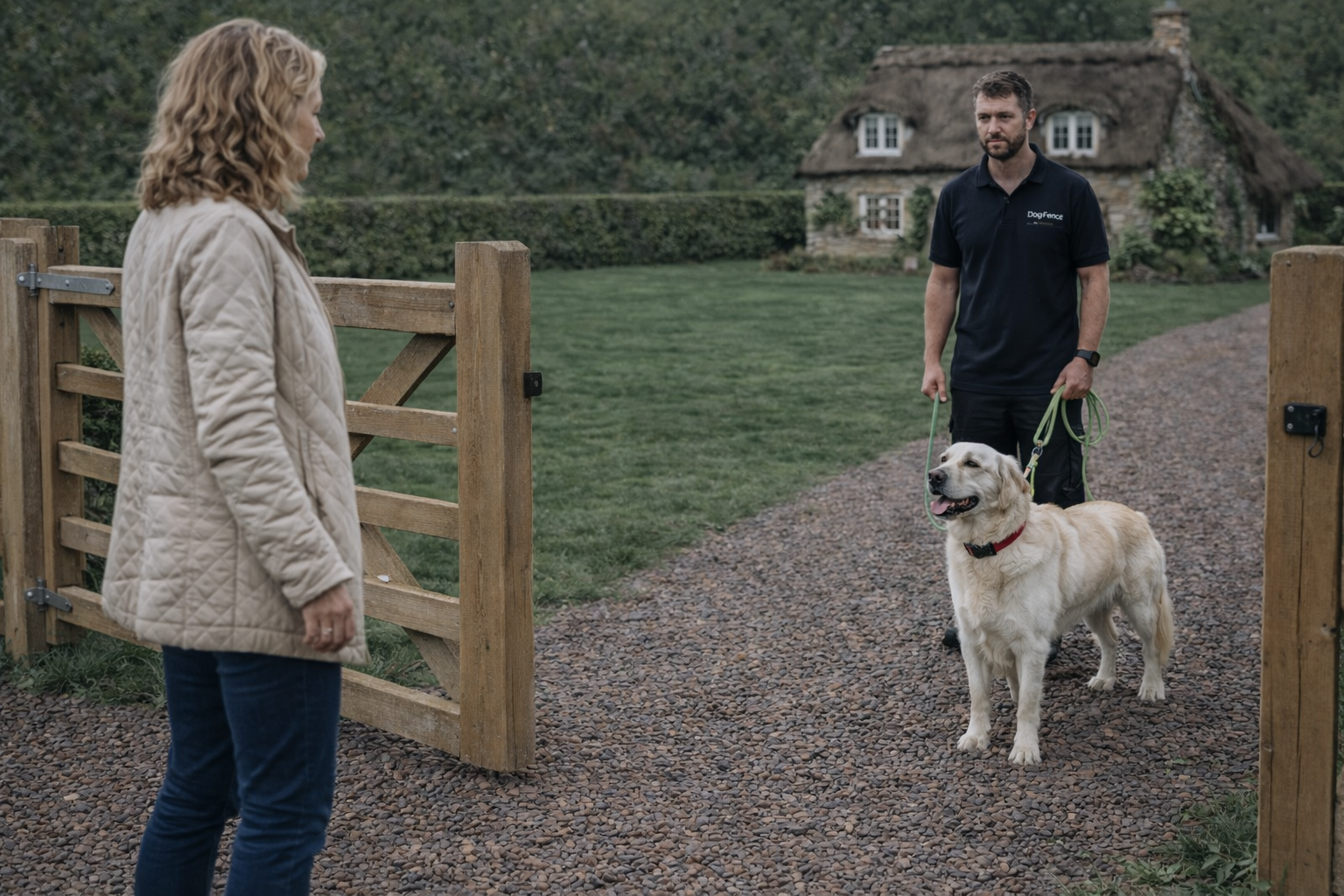 Installer training the dog on the drivway professional dog fence installer training dog to respect driveway boundary