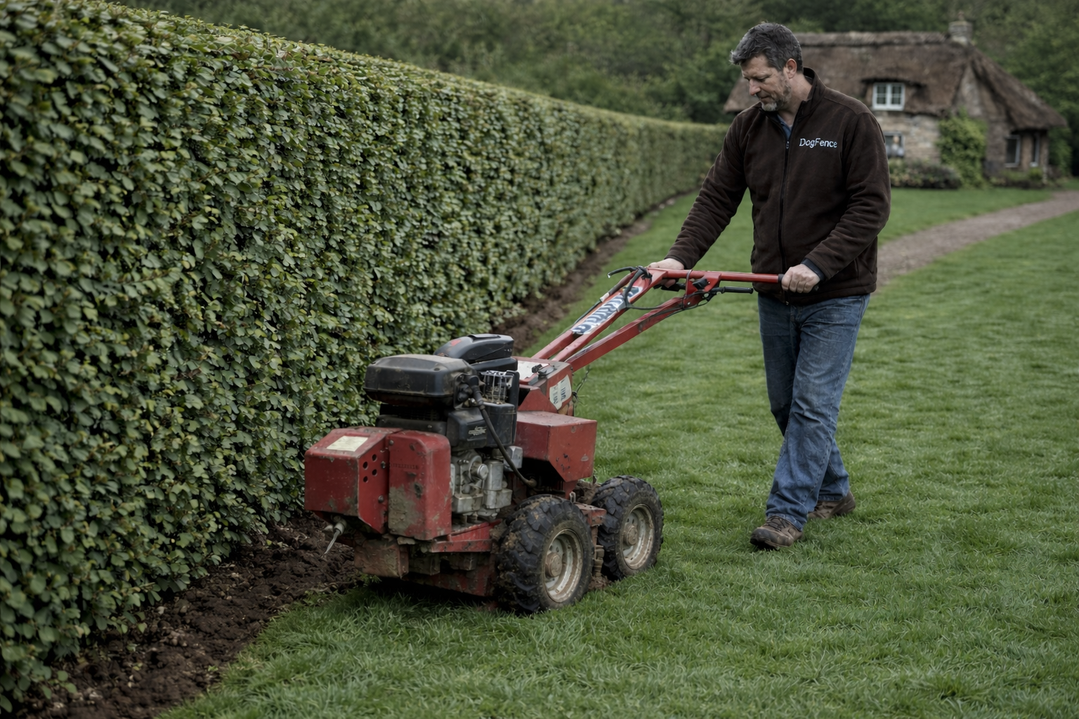 Installing the cable using the dog fence trencher DogFence installer using trenching machine to bury invisible dog fence boundary wire