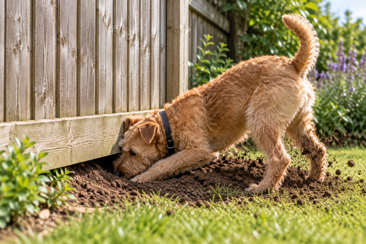 Lakeland Terrier digging under fence
