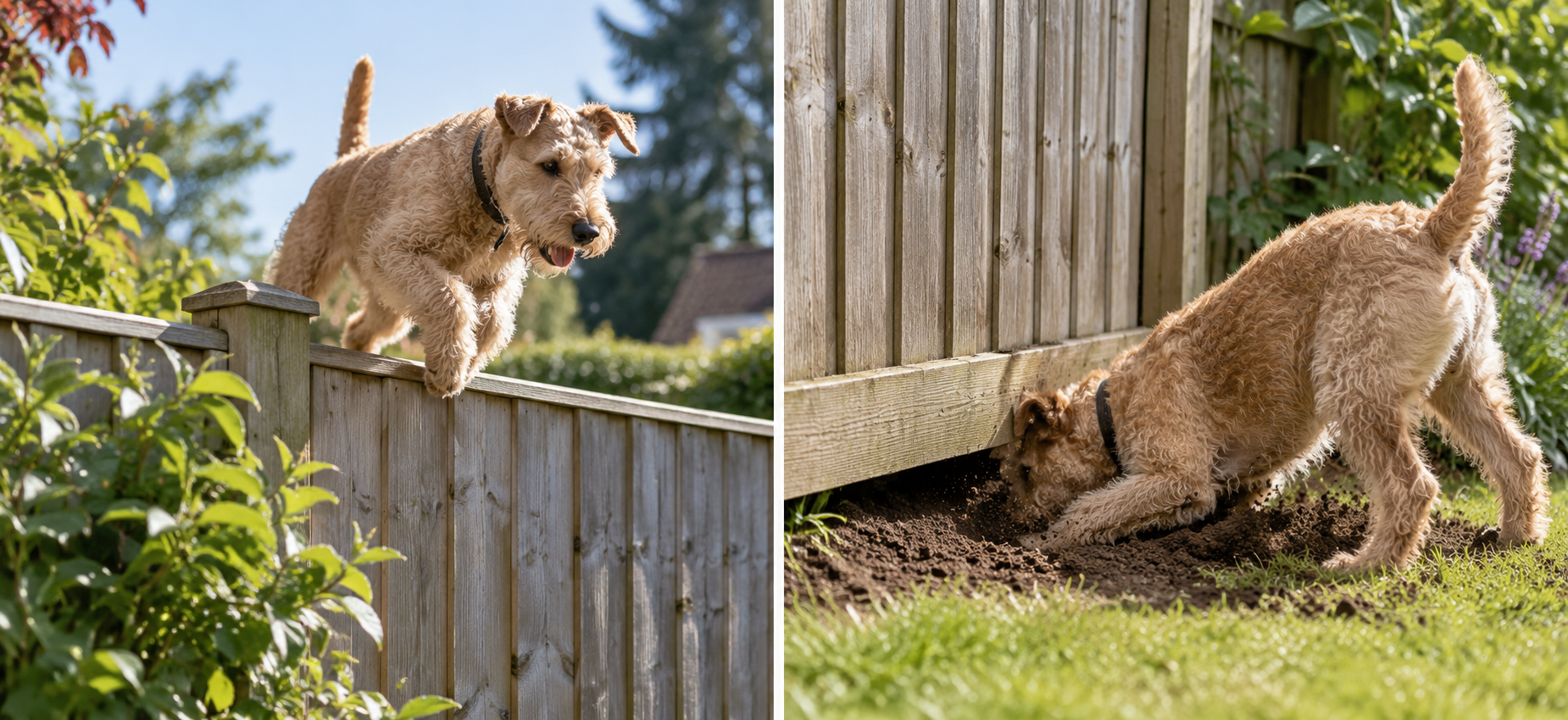 Terrier jumping over a wooden garden fence — a sign your escape artist is a jumper