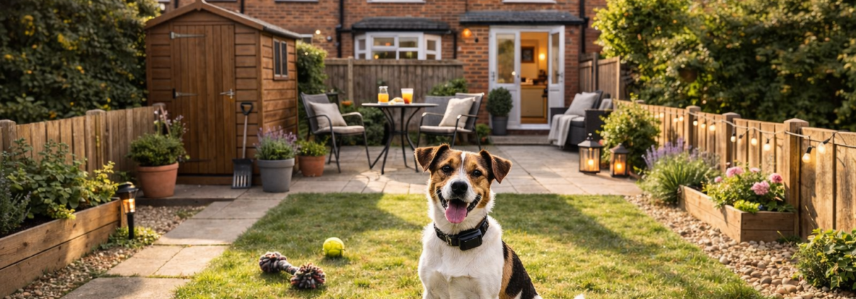 Low garden fence in UK rental property showing potential escape risk for dogs