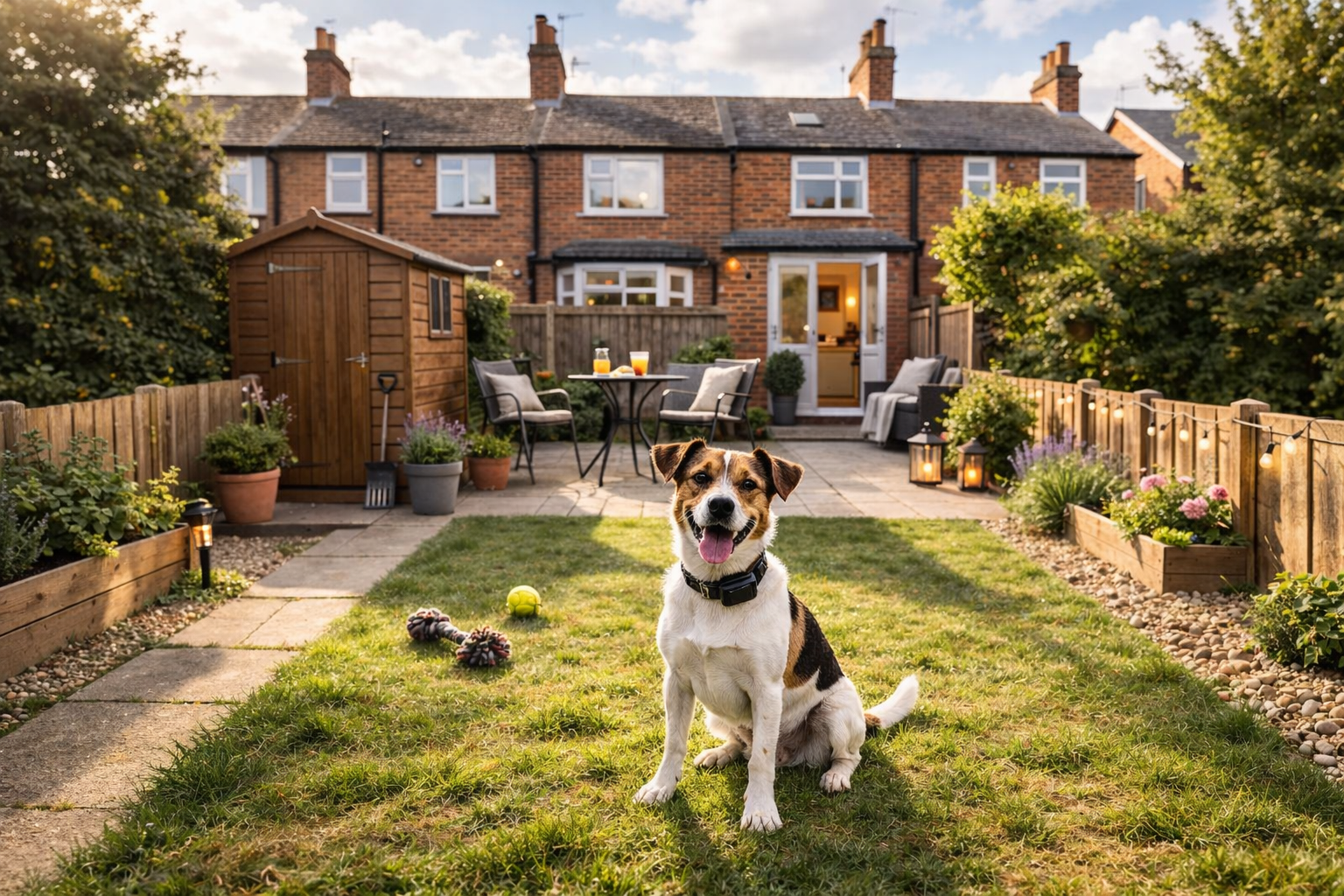Low garden fence in UK rental property showing potential escape risk for dogs