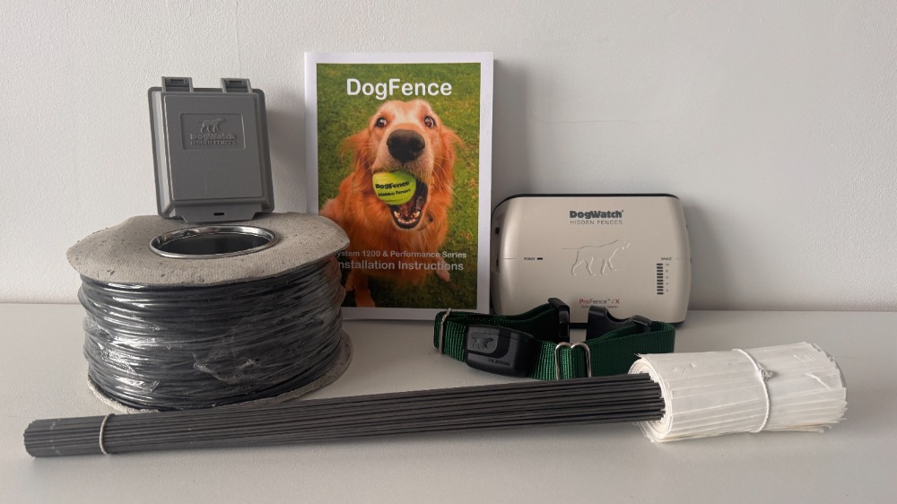 DIY dog fence installation kit with transmitter, boundary wire, receiver collar and training guide