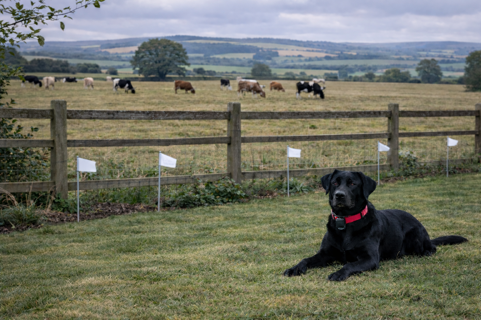 Black Labrador wearing containment collar safely inside rural garden with livestock field beyond
