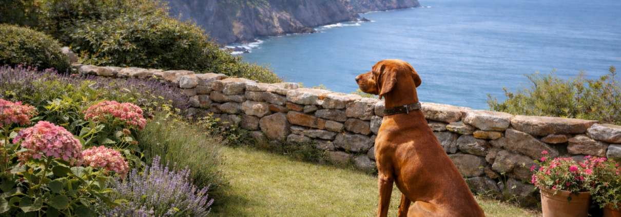 vizsla sitting safely in coastal garden near cliff edge overlooking the sea