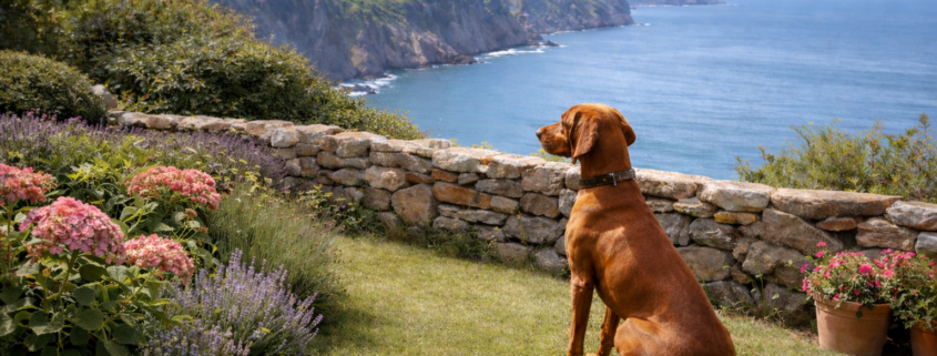 vizsla sitting safely in coastal garden near cliff edge overlooking the sea