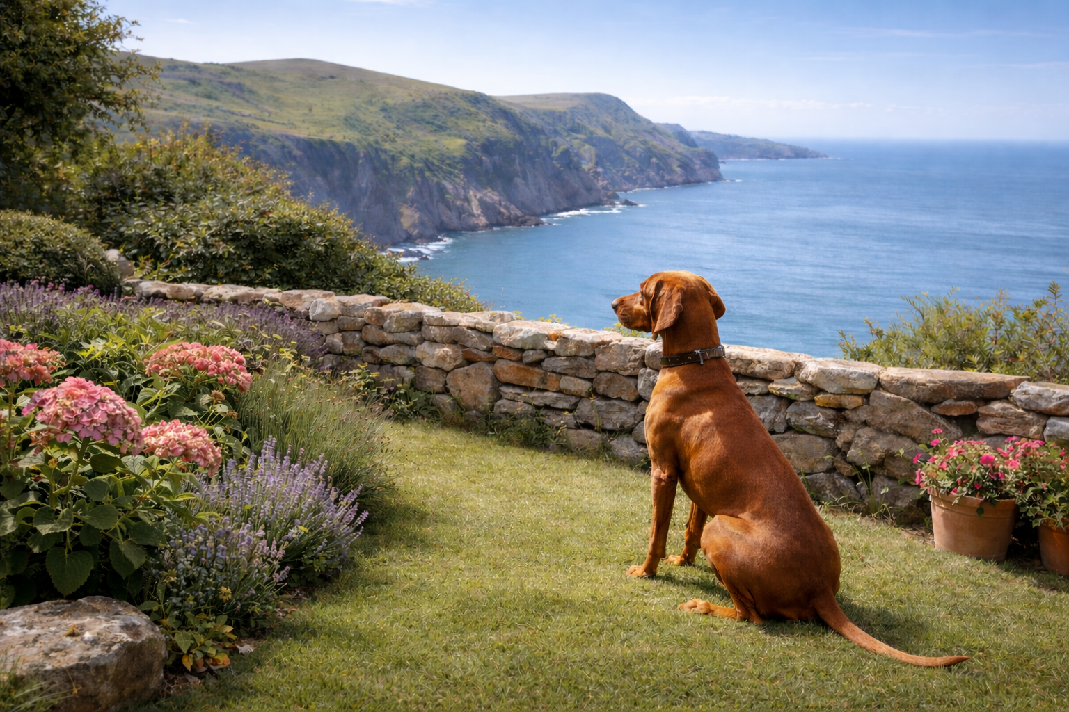 vizsla sitting safely in coastal garden near cliff edge overlooking the sea