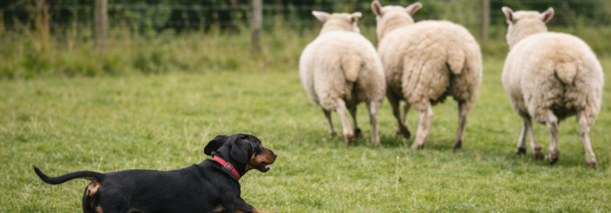 Dachshund chasing sheep illustrating what counts as livestock worrying under UK law