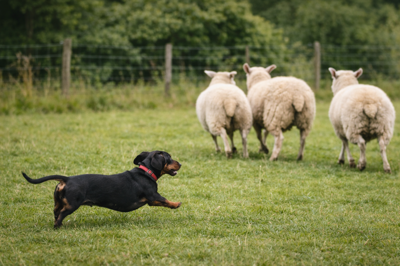 Dachshund chasing sheep illustrating what counts as livestock worrying under UK law