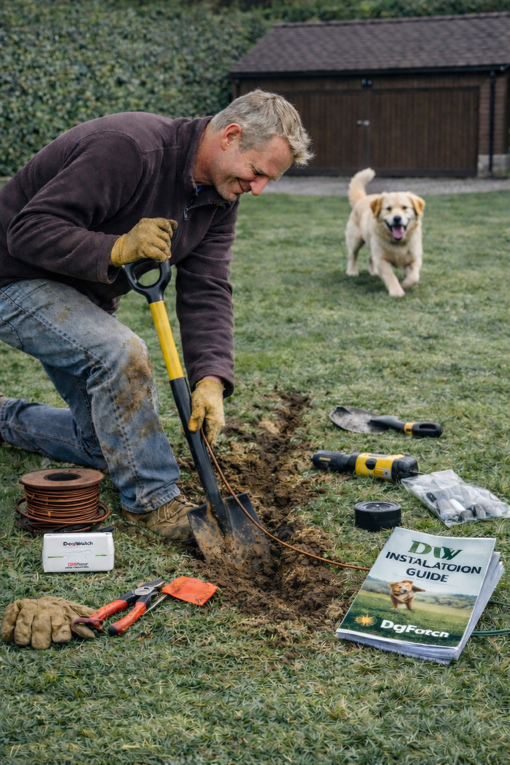 diy-dog-fence-installation-burying-boundary-wire Homeowner installing DIY invisible dog fence by burying boundary wire with spade in garden