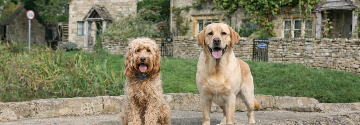Labrador and cockapoo standing on a stone bridge outside a Cotswold cottage with low garden boundaries