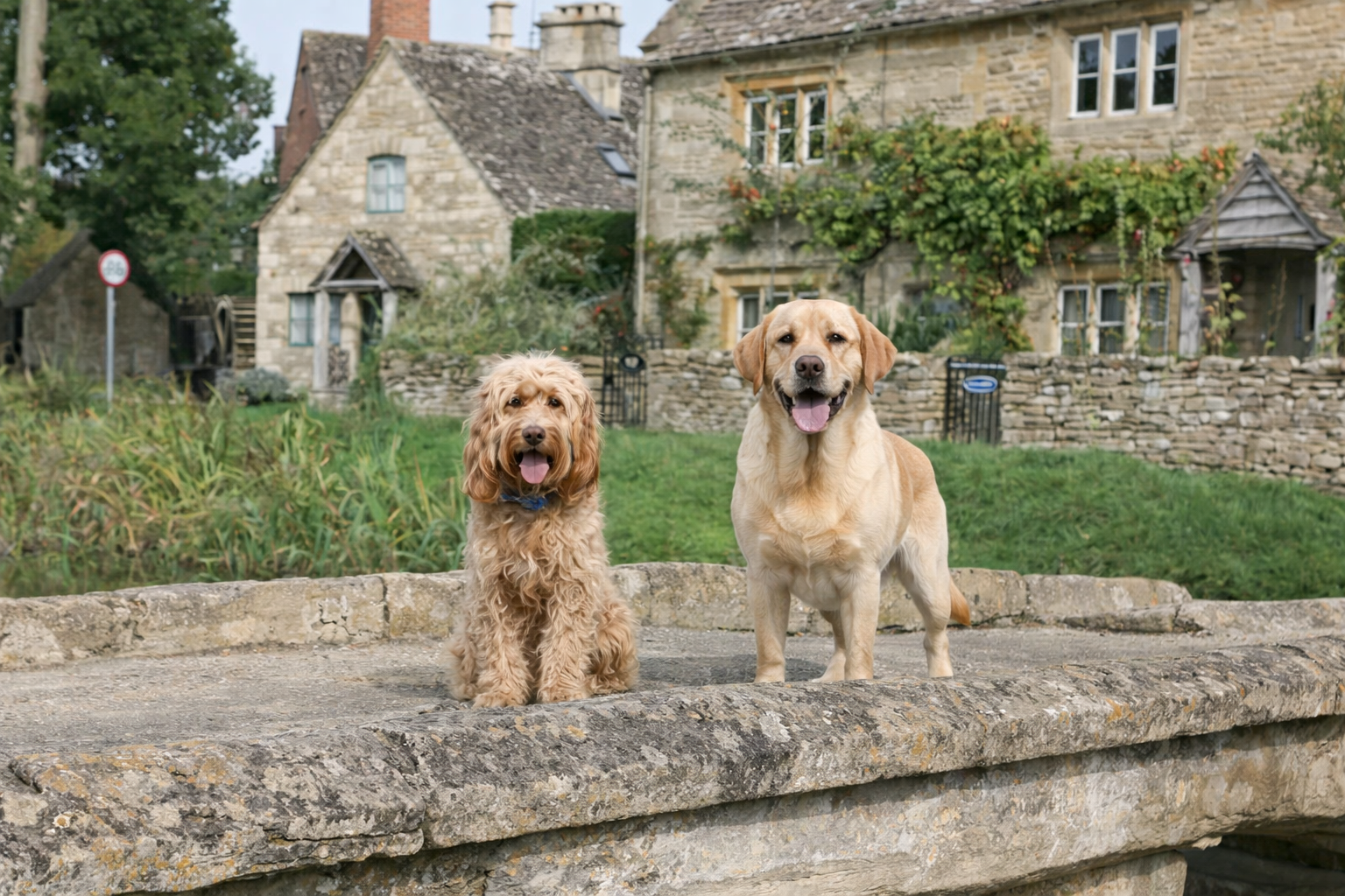 Labrador and cockapoo standing on a stone bridge outside a Cotswold cottage with low garden boundaries
