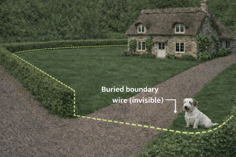 Diagram showing invisible dog fence boundary wire around a countryside cottage garden