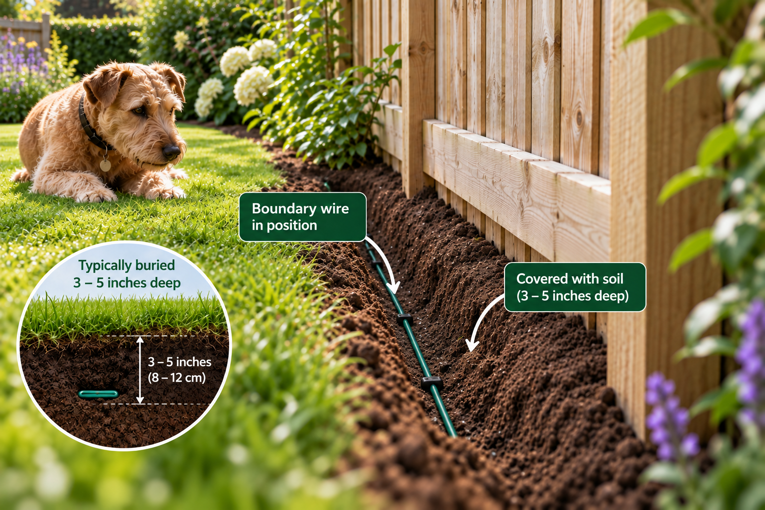 Diagram showing a DogFence boundary wire buried 3 to 5 inches deep along a garden fence line