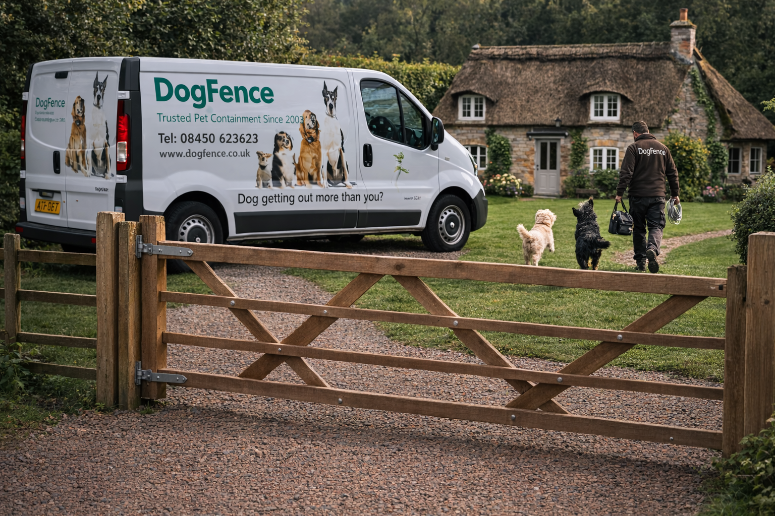 dogs-greeting-dogfence-installer-at-garden DogFence installer arriving at a property for professional dog fence installation