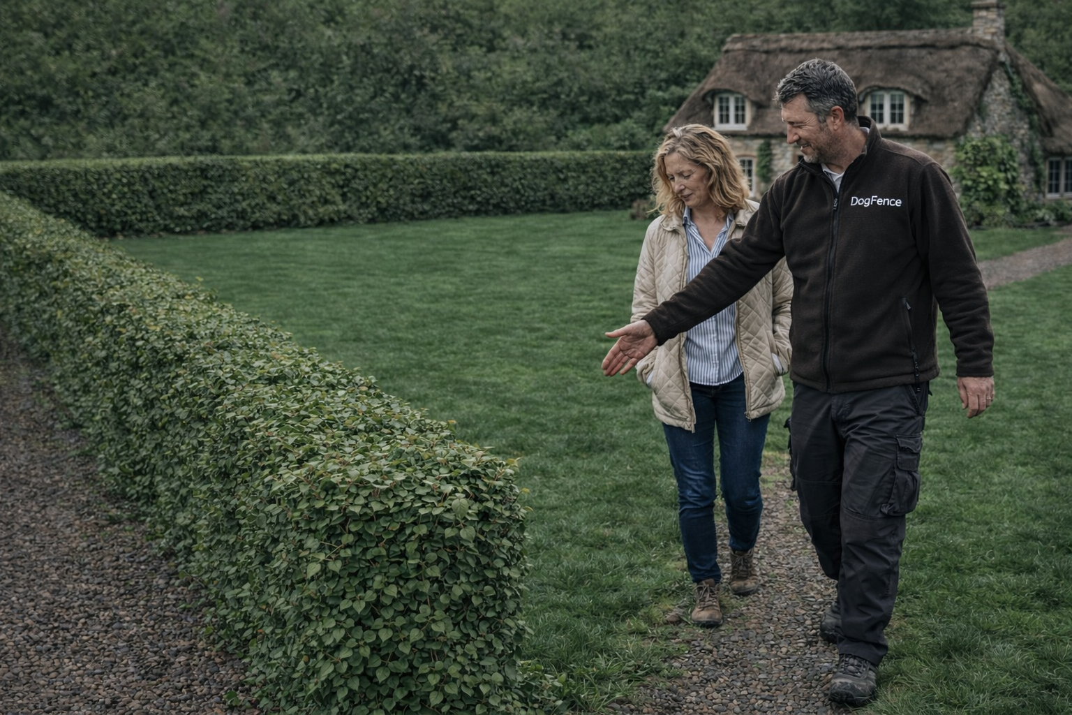 dogs-trying-to-escape-under-garden-gate DogFence installer walking garden boundary with homeowner before installation