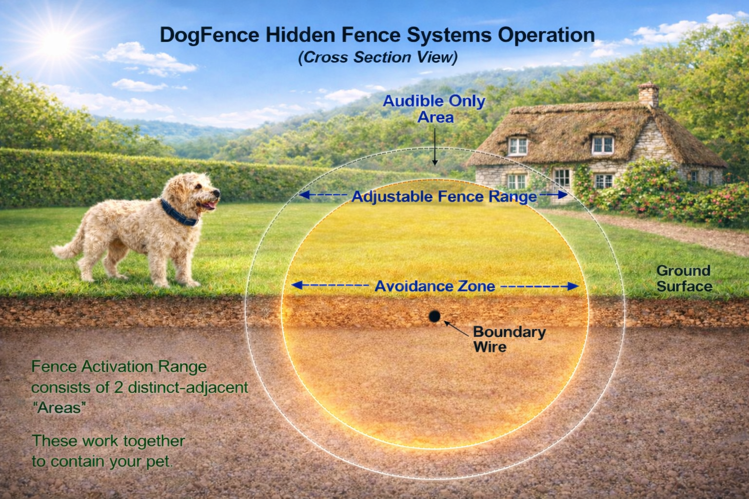Diagram showing how an invisible dog fence works with boundary wire, audible warning area and avoidance zone
