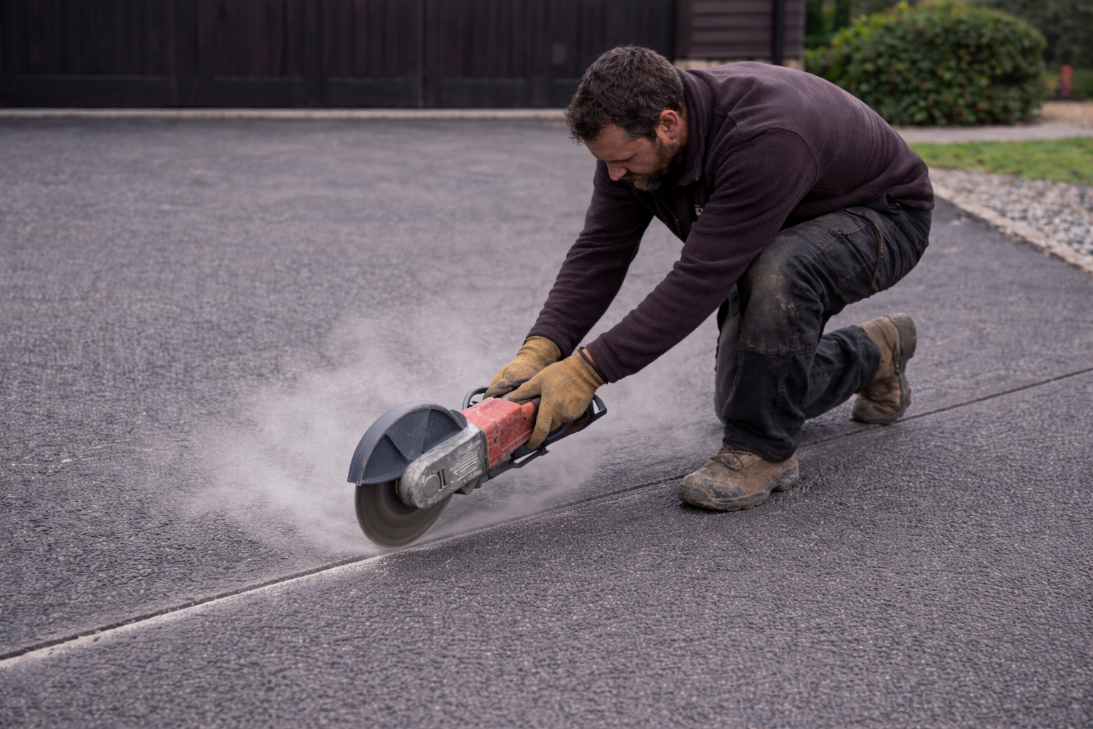 DogFence installer using a trenching machine to lay underground boundary wire for a professionally installed invisible dog fence in the UK.