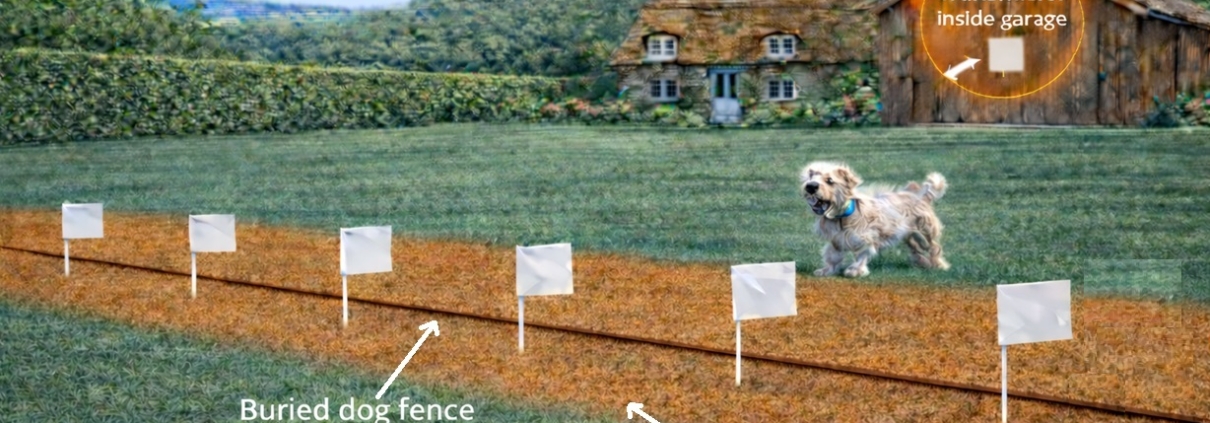 How an electronic dog fence works with buried boundary wire, training flags and adjustable avoidance zone protecting a dog in a garden