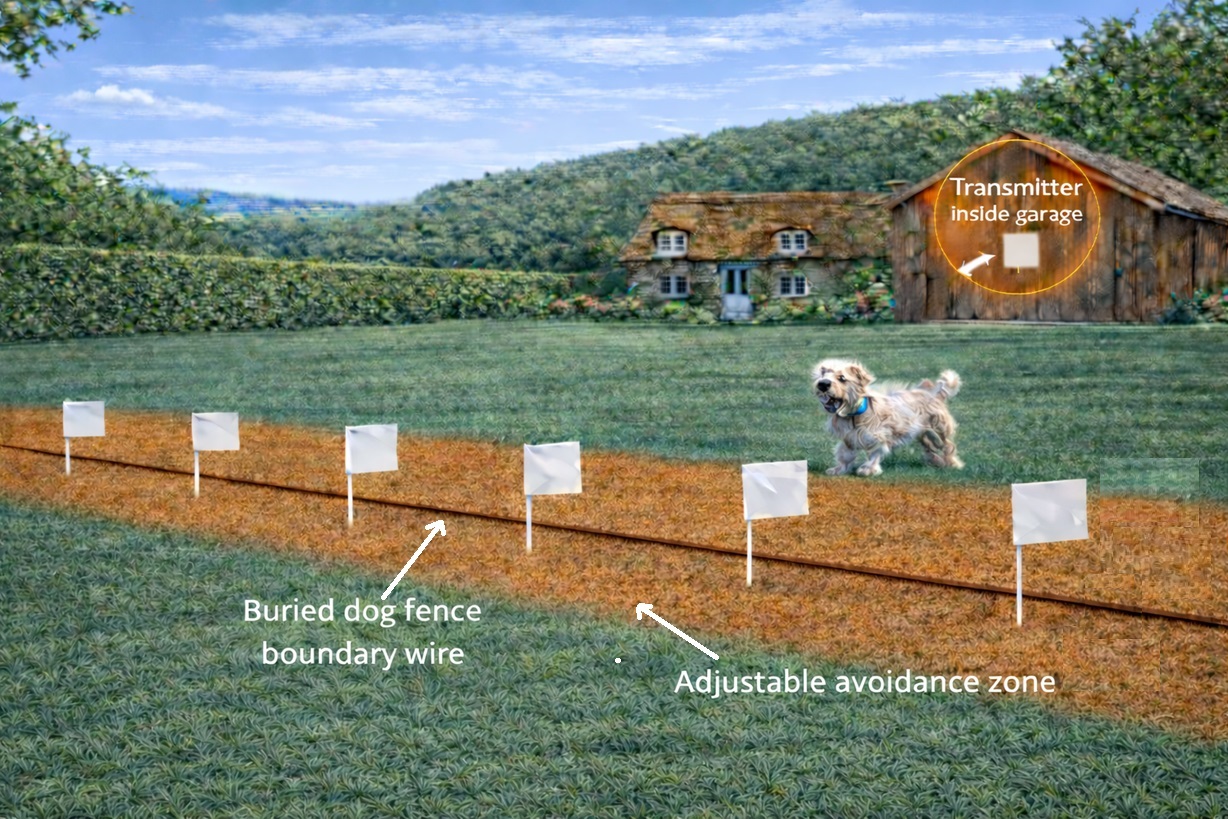How an electronic dog fence works with buried boundary wire, training flags and adjustable avoidance zone protecting a dog in a garden