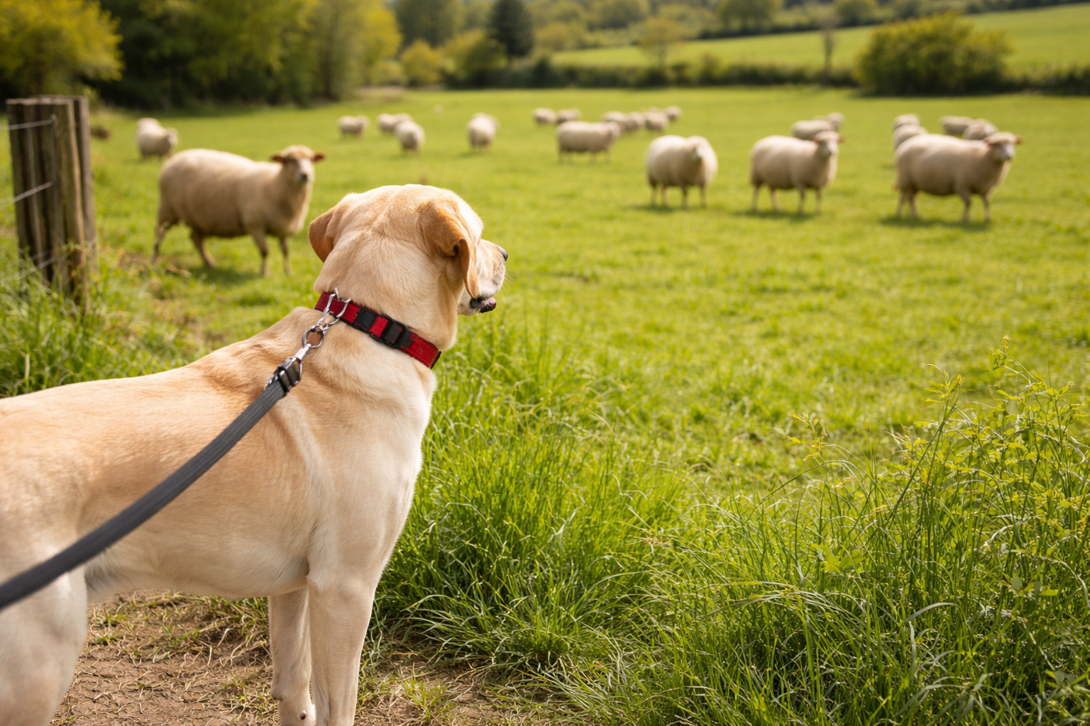 Yellow Labrador on lead near sheep illustrating can a farmer shoot my dog UK law and livestock worrying rules