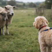 Cockapoo on lead near sheep in rural field illustrating livestock worrying law UK
