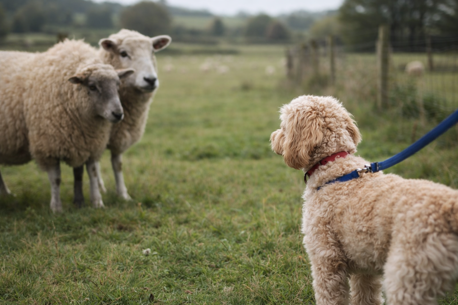 Cockapoo on lead near sheep in rural field illustrating livestock worrying law UK