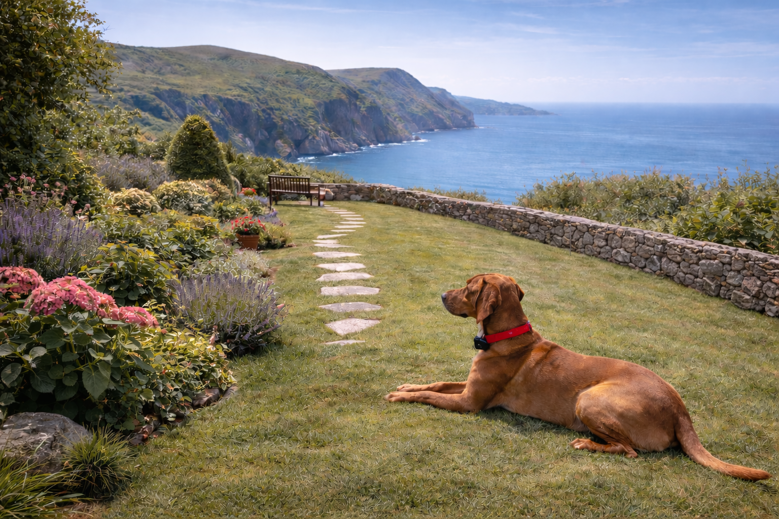 vizsla relaxing in coastal garden safely set back from cliff edge overlooking the sea