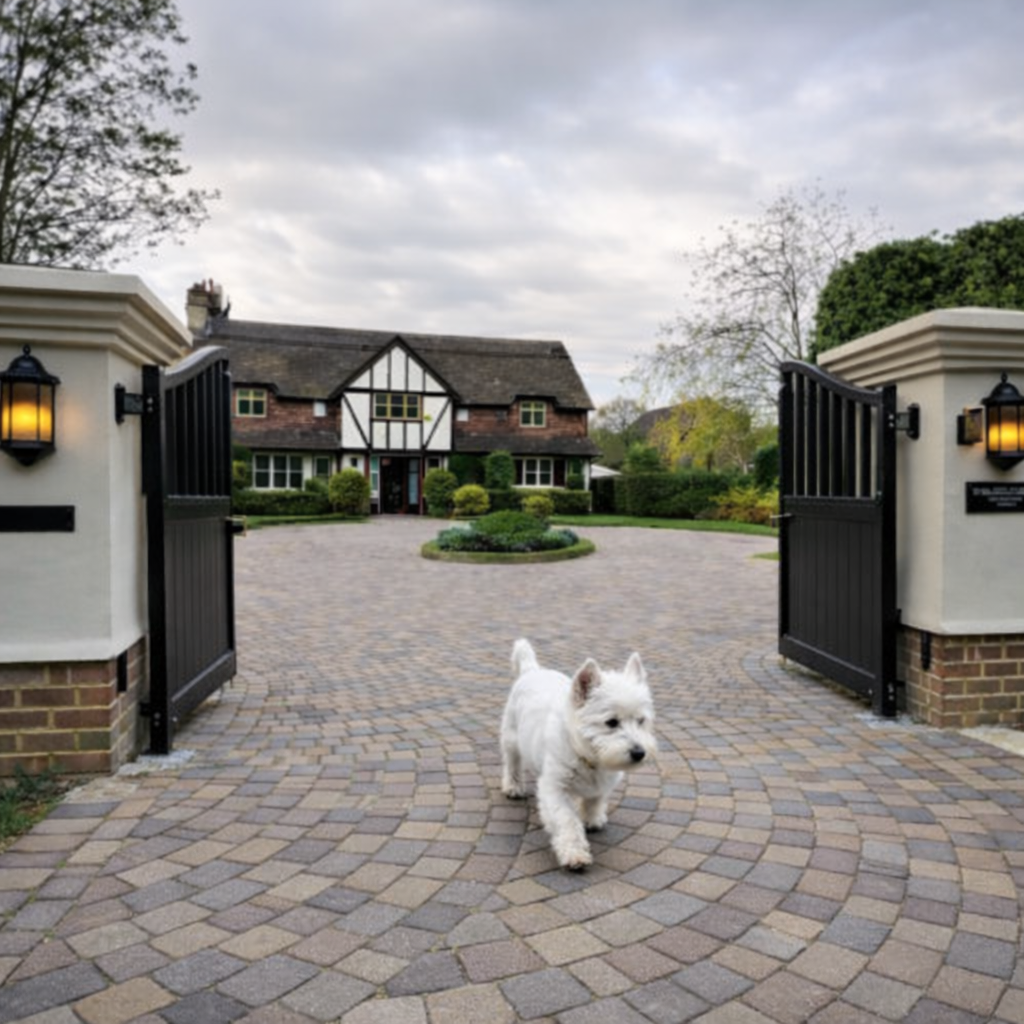 West Highland Terrier walking out through open electric gates on block paved driveway