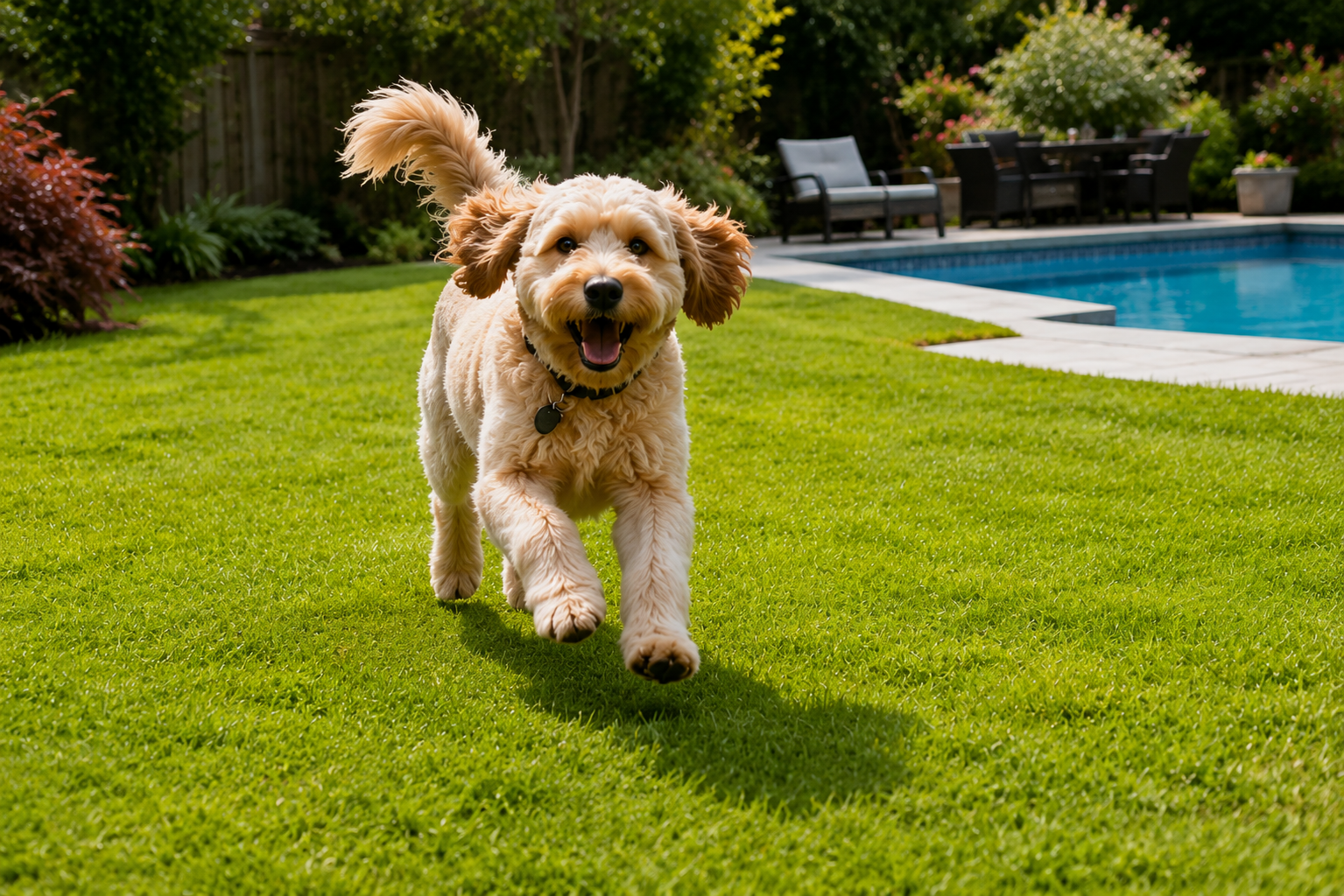 Dog Enjoying Garden Freedom Away from a Swimming Pool