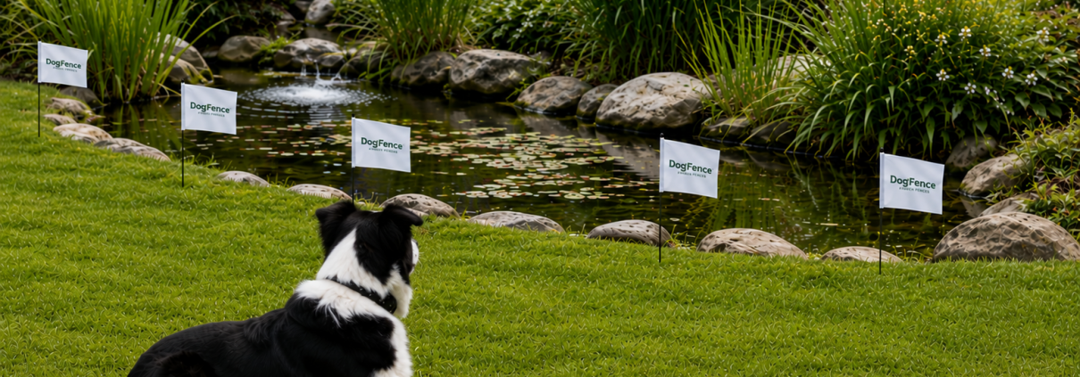 Hidden dog fence no-go zone protecting a garden pond with an internal dog exclusion zone