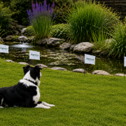 Hidden dog fence no-go zone protecting a garden pond with an internal dog exclusion zone