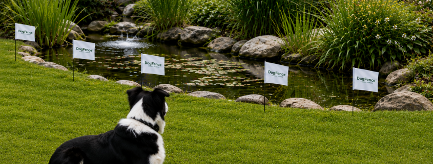 Hidden dog fence no-go zone protecting a garden pond with an internal dog exclusion zone